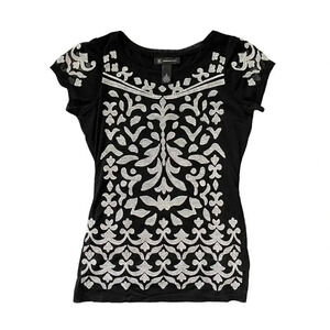 INC International Concepts Women Small Black Embroidered Top Short Sleeve Sheer